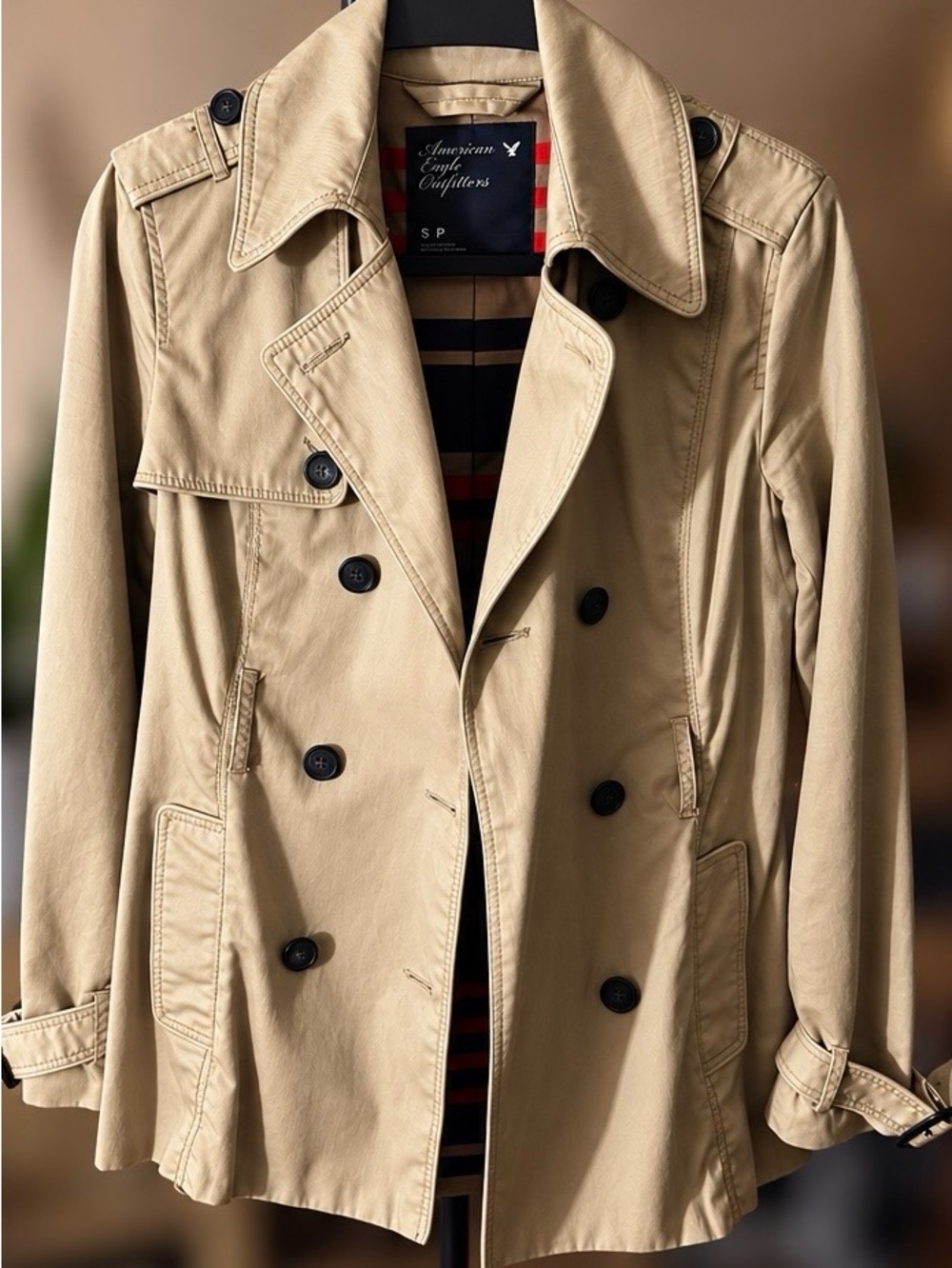 American Eagle Outfitters Tan Trench Coat with Navy & Red Striped Lining